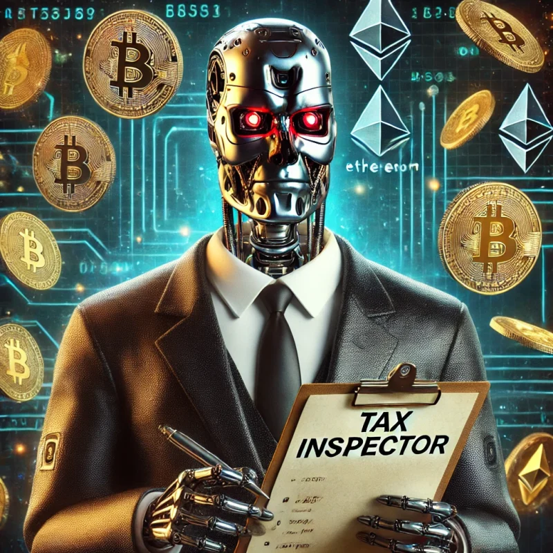 DALL·E-2024-08-02-17.31.05-A-Terminator-style-cyborg-dressed-as-a-tax-inspector-with-a-stern-expression-and-holding-a-clipboard.-The-background-features-floating-crypto-coins-s